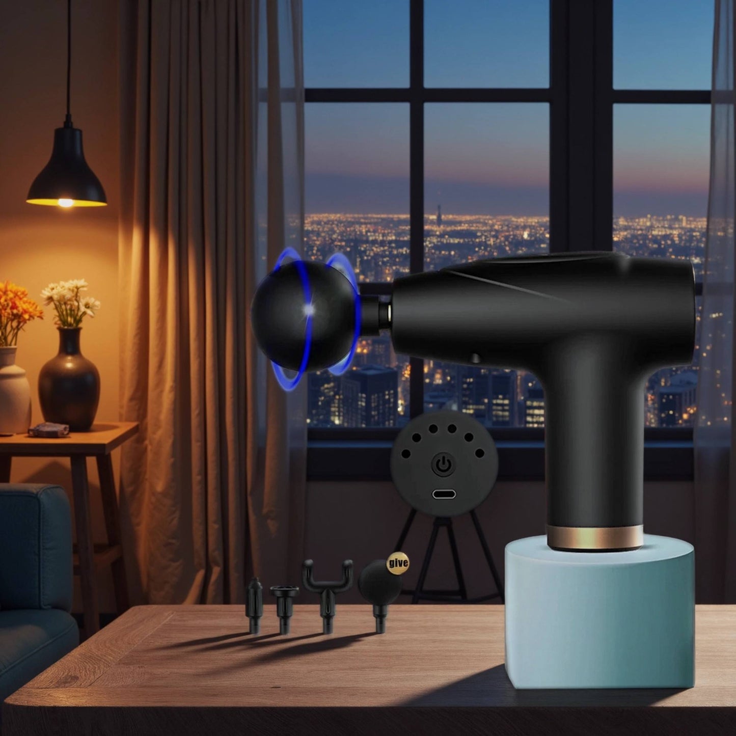 Black 4-Head Mini Fascia Gun Multi-Stage Massage Gun Muscle Relaxation Massage Equipment Portable Vibration Massager